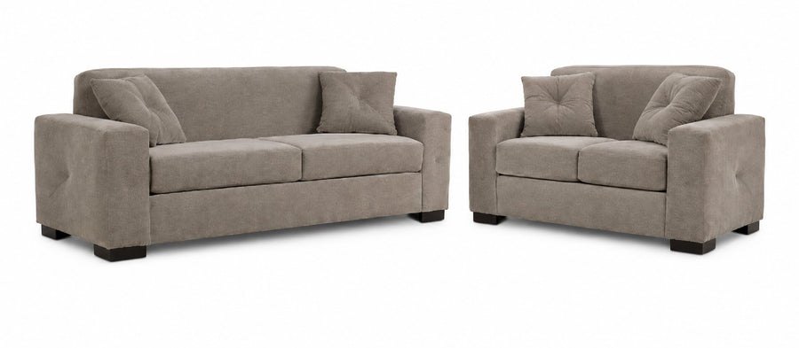 Valetta Sofa and Loveseat Set - Wheat with wide track arms, dark block feet and matching accent pillows