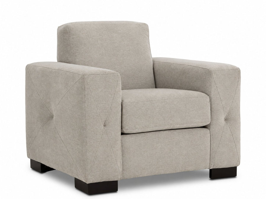 Valetta Chair - Ivory angled view with wide track arms, single seat cushion, tall back cushion and dark block feet