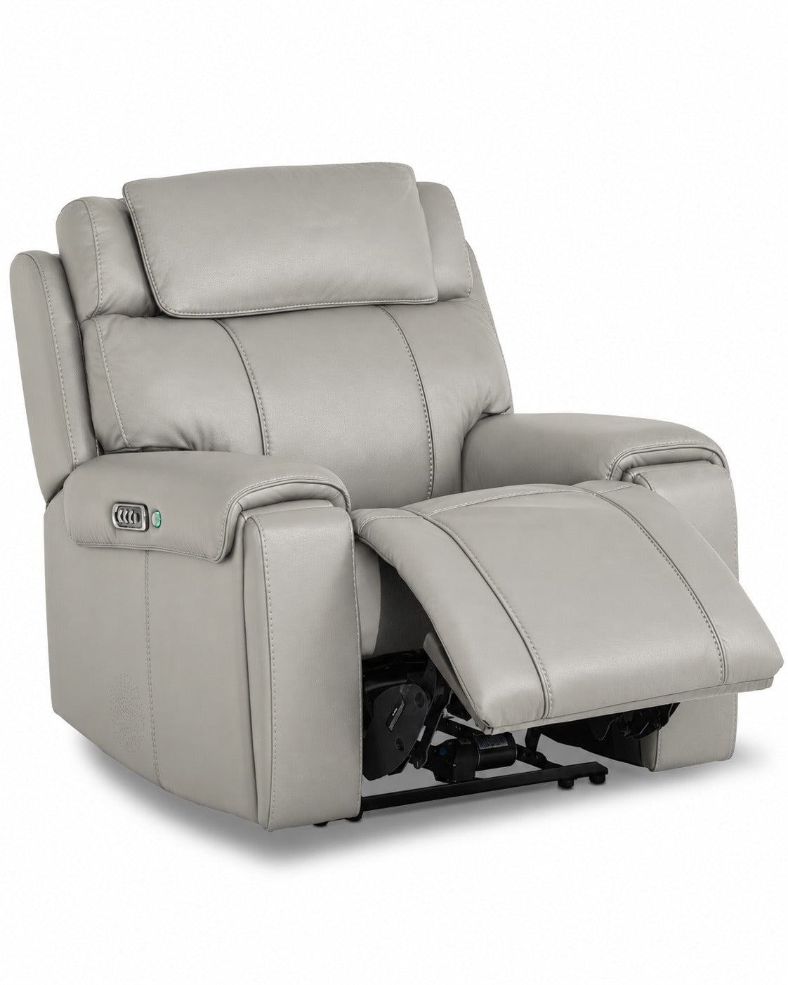 Velocity light grey home theatre recliner angled view with power footrest extended and padded headrest