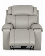 Velocity light grey home theatre recliner front view with power footrest extended and plush padded seating