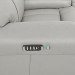 Velocity light grey home theatre recliner close-up showing power controls, USB port and illuminated round button