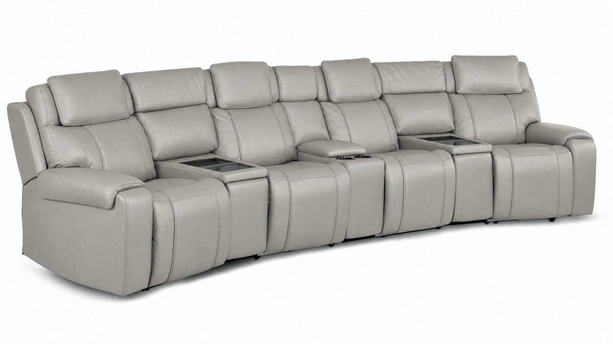 Velocity 7-Piece Leather Power Reclining Home Theatre Seating - Light Grey with four seats and three consoles