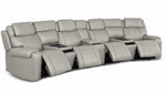 Velocity light grey leather home theatre seating angled view with four power footrests extended and three consoles