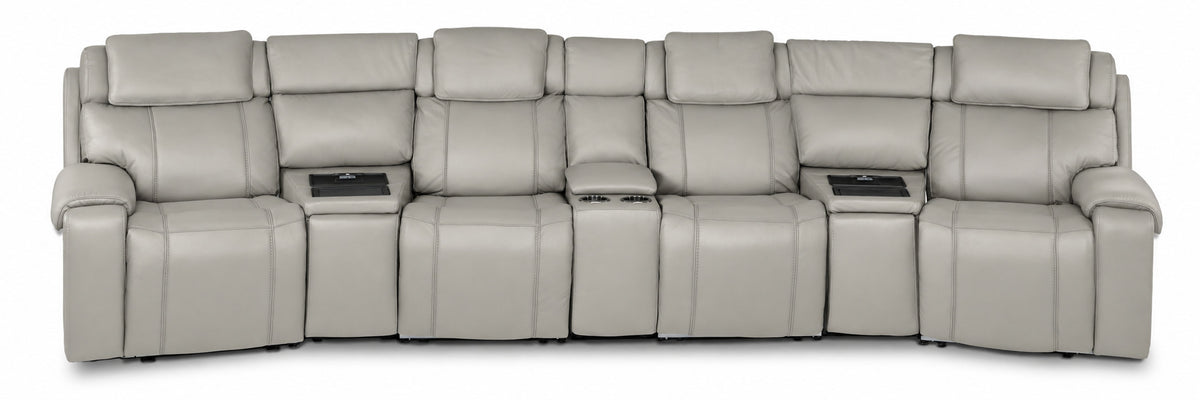 Velocity light grey 7-piece home theatre seating front view with four recliner seats and three centre consoles