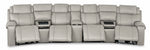 Velocity light grey home theatre seating front view with four extended footrests and three integrated consoles