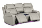 Velocity light grey home theatre seating with both power footrests extended, illuminated cupholders and base lighting