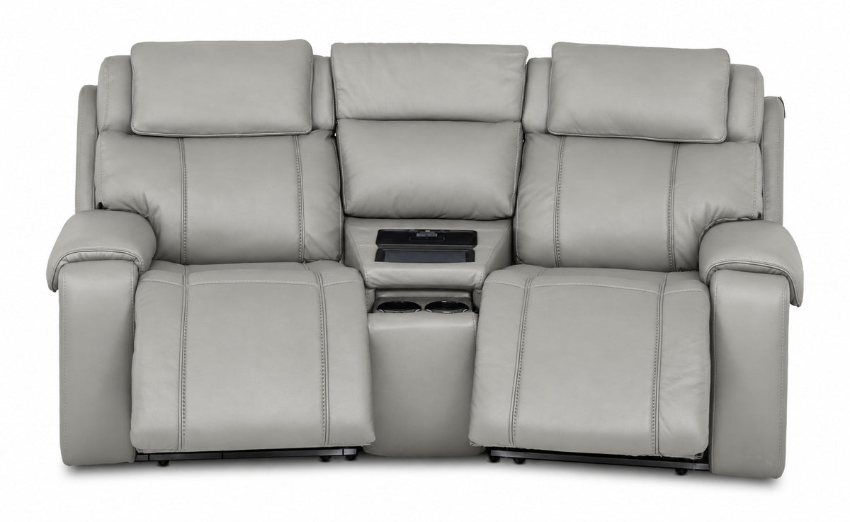 Velocity light grey home theatre seating front view with both power footrests extended and centre wedge console