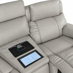 Velocity light grey leather seating close-up showing padded headrest, touchscreen console and wireless charging pad