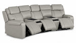 Velocity light grey leather home theatre seating angled view with three extended footrests and two wedge consoles