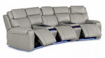 Velocity light grey home theatre seating with three extended footrests, illuminated cupholders and base lighting
