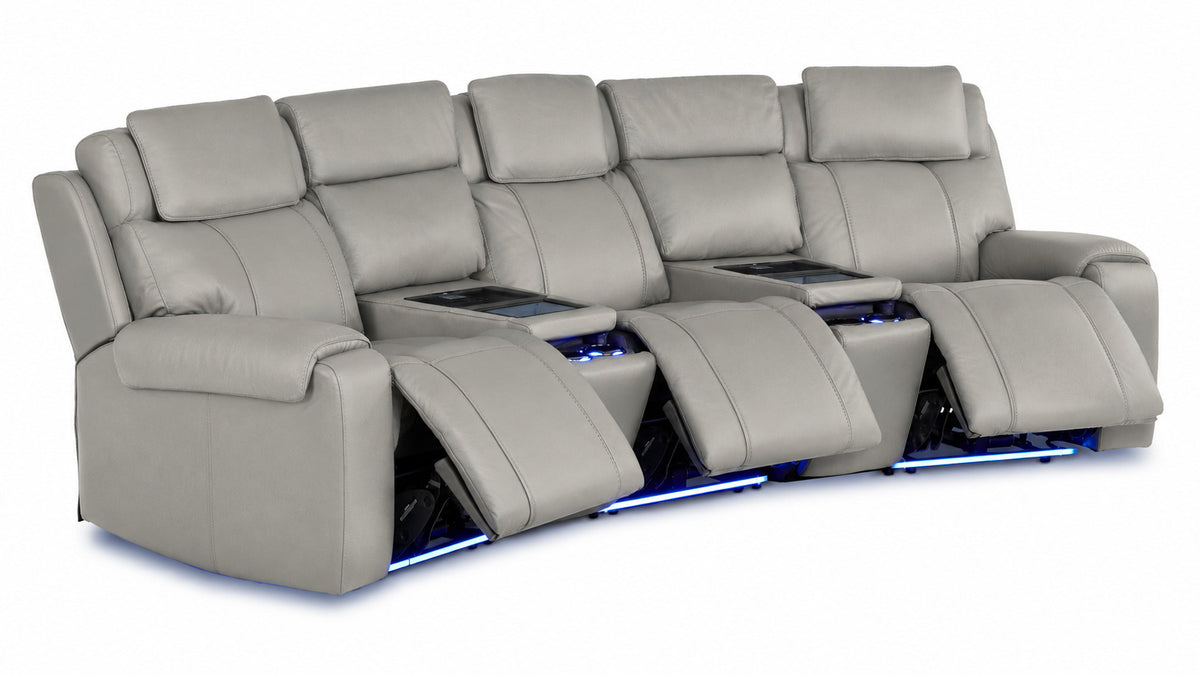 Velocity light grey home theatre seating with three extended footrests, illuminated cupholders and base lighting