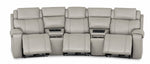 Velocity light grey home theatre seating front view with three extended footrests and two integrated consoles