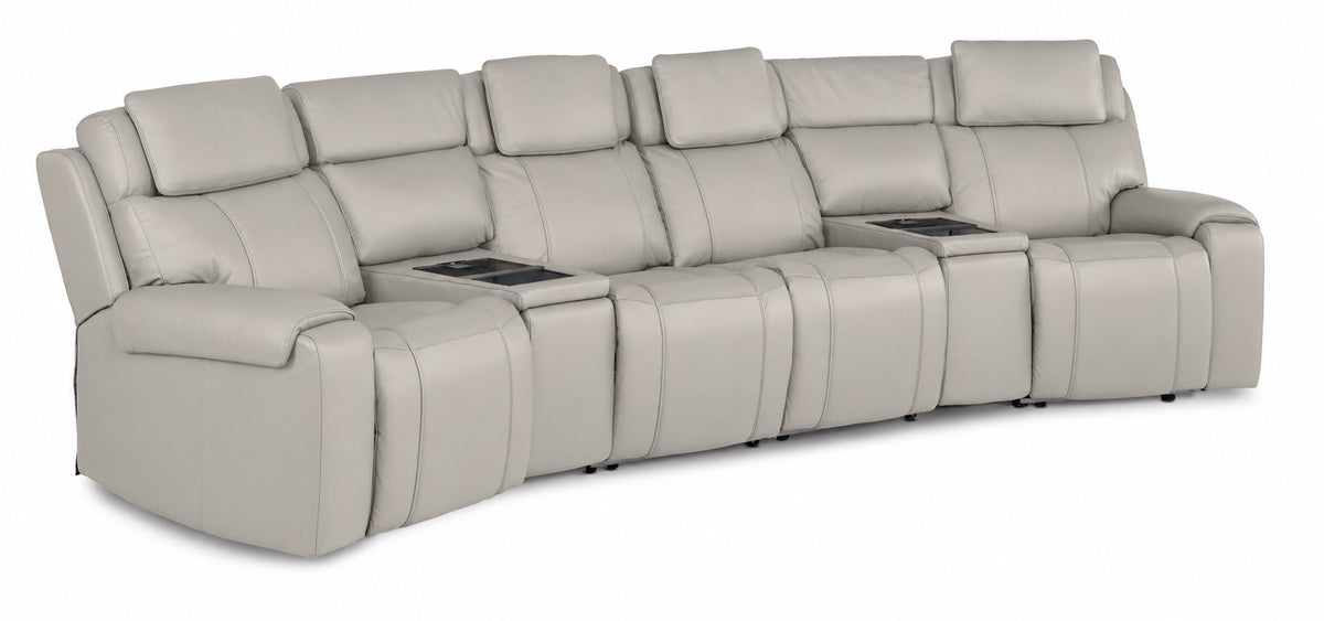 Velocity 6-Piece Leather Power Reclining Home Theatre Seating - Light Grey with four seats and two wedge consoles