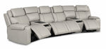 Velocity light grey leather home theatre seating angled view with four power footrests extended and two consoles