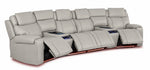 Velocity light grey home theatre seating with four power footrests extended, illuminated cupholders and base lighting