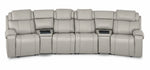 Velocity light grey 6-piece home theatre seating front view with four recliner seats and two wedge consoles