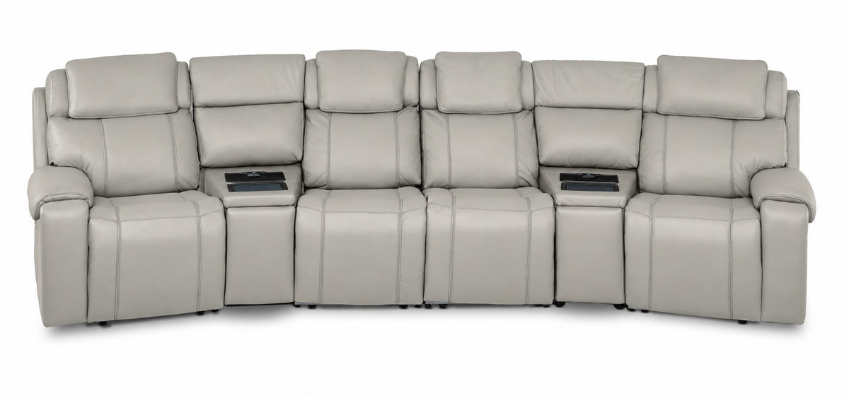Velocity light grey 6-piece home theatre seating front view with four recliner seats and two wedge consoles