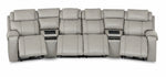 Velocity light grey home theatre seating front view with four extended footrests and two integrated wedge consoles