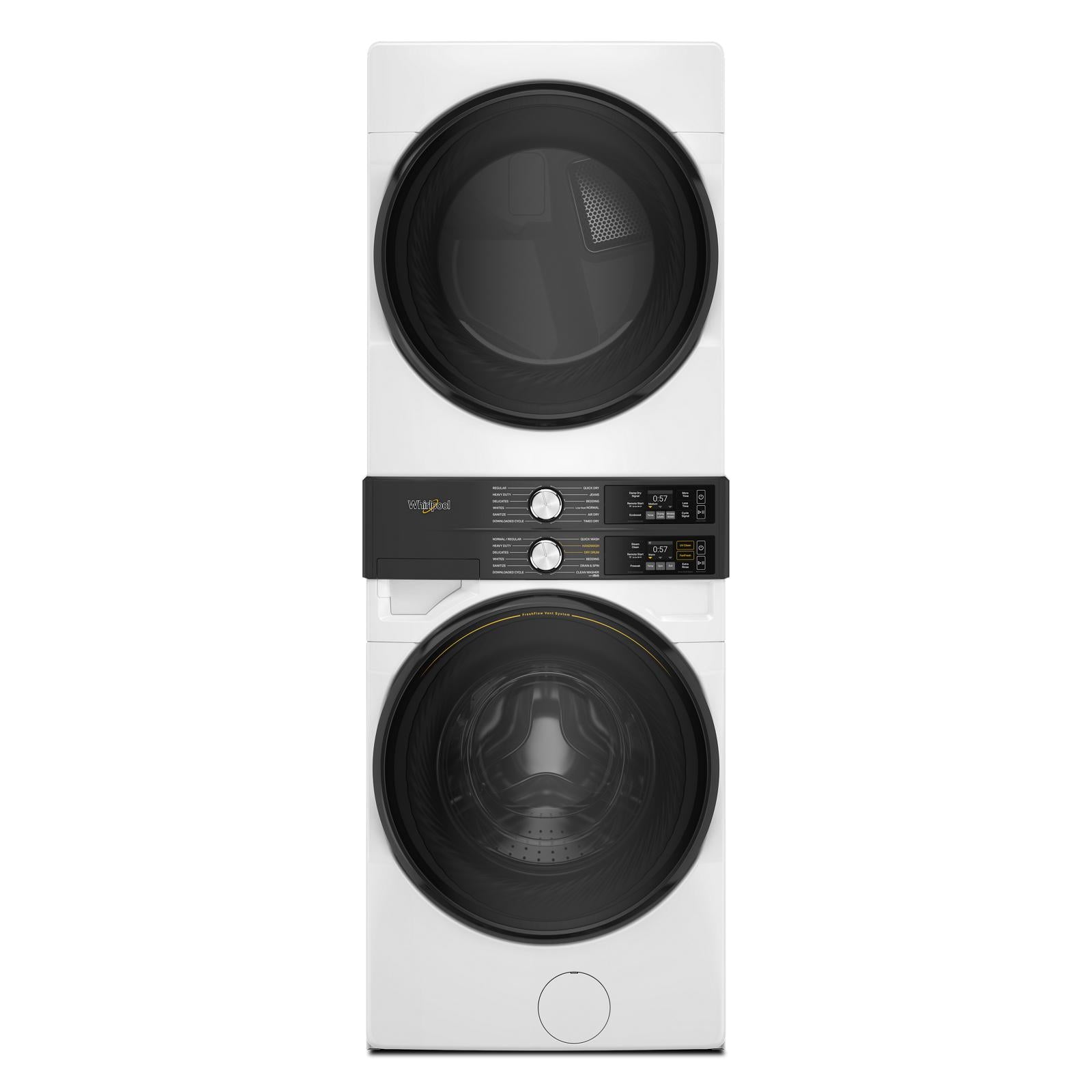 Whirlpool White Front Load Laundry Tower with FreshFlowTM Vent System and UV Clean Technology (5.2 cu. ft. Washer & 7.4 cu. ft. Electric Dryer) - YWEF5727TW