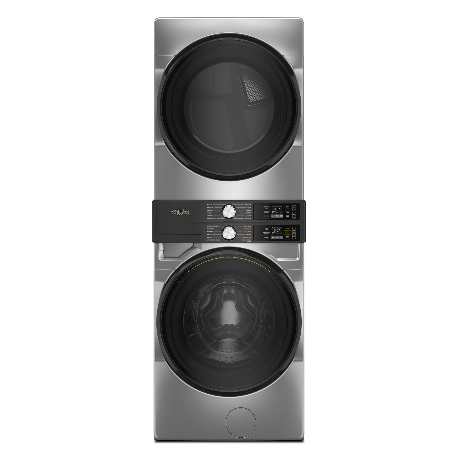 Whirlpool Radiant Silver Front Load Laundry Tower with FreshFlowTM Vent System and UV Clean Technology (5.2 cu. ft. Washer & 7.4 cu. ft. Electric Dryer) - YWEF5727TR