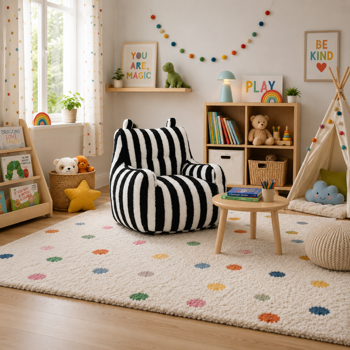Parker black and white striped foam chair styled in a colorful kids playroom