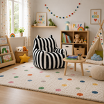 Parker black and white striped foam chair styled in a colorful kids playroom