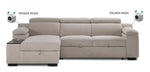 Slayden taupe polyester sectional with right-facing chaise, adjustable headrests and built-in Bluetooth speakers in both arms.