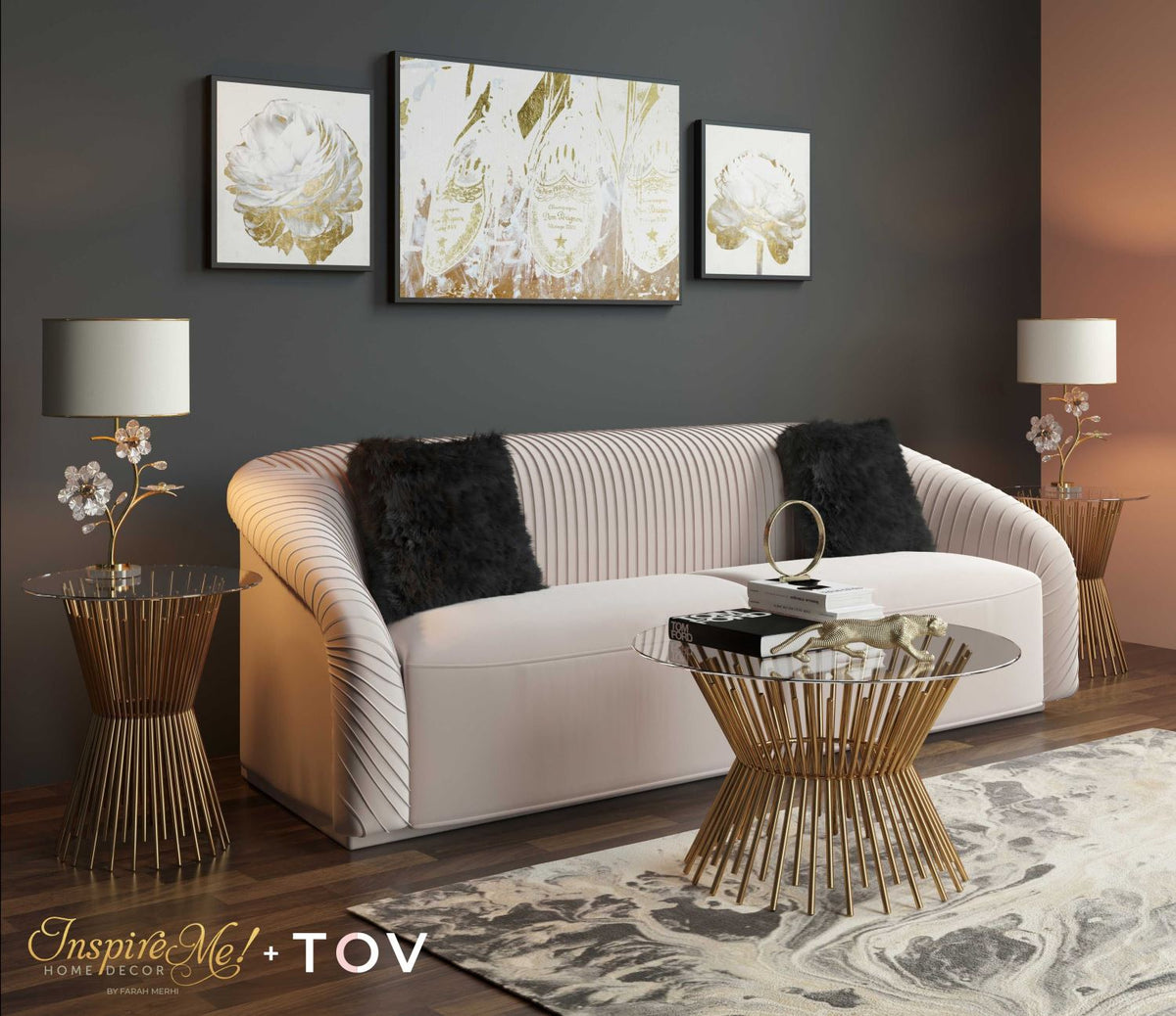 Rossio Pedestal Glass End Table - Satin Gold