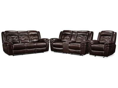 Cooper Ens. Sofa, causeuse avec console et fauteuil inclinables en cuir – brun
