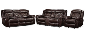 Cooper Ens. Sofa, causeuse avec console et fauteuil inclinables en cuir – brun