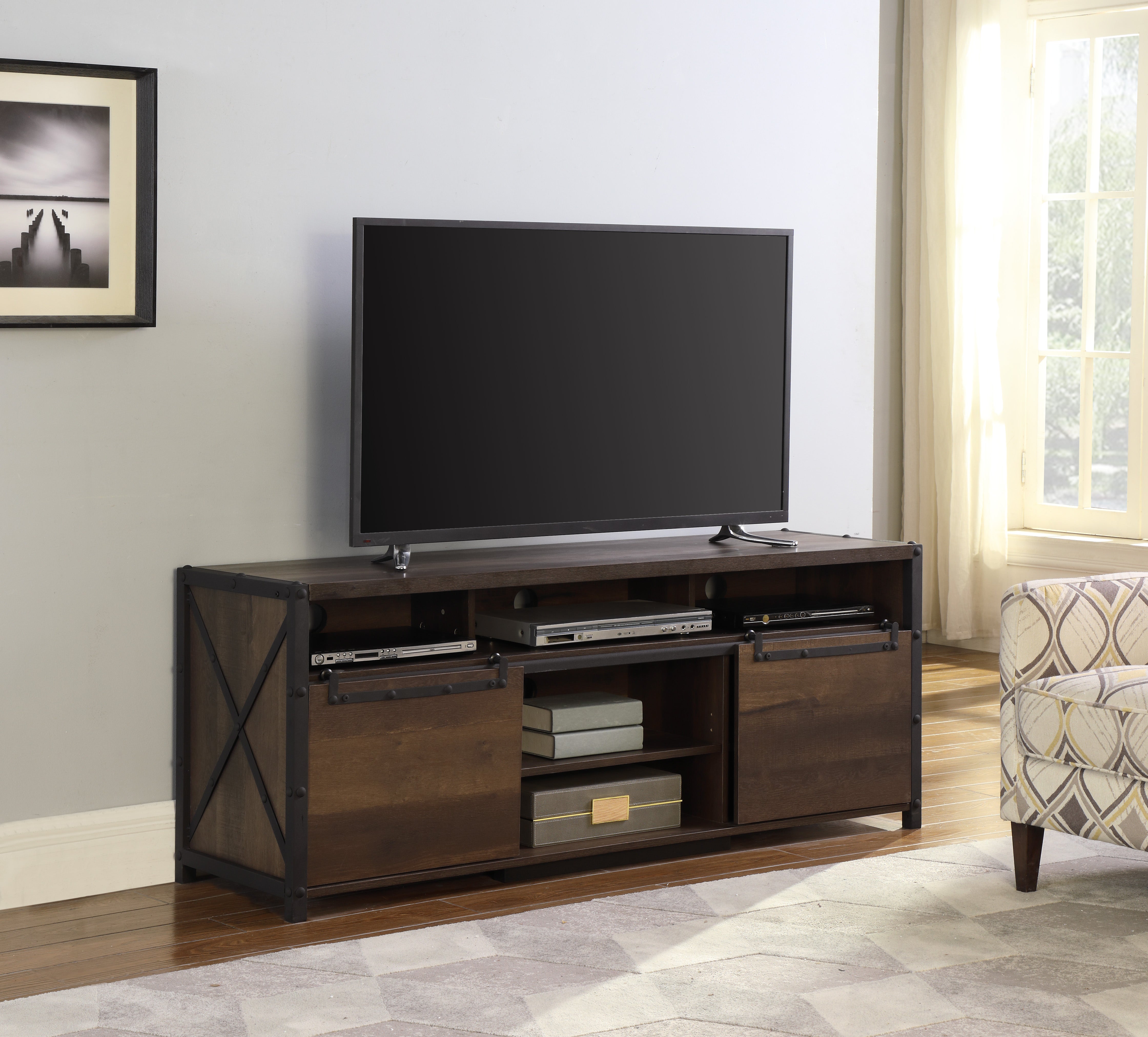 Farmhouse TV Stand - Rustic Oak, Walnut
