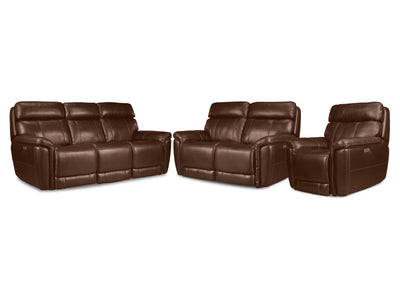 Stallion Ens. Sofa, causeuse et fauteuil inclinables électriques à double inclinaison en cuir – châtaigne