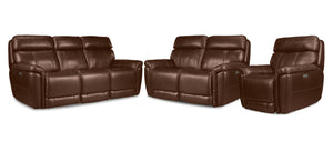 Stallion Ens. Sofa, causeuse et fauteuil inclinables électriques à double inclinaison en cuir – châtaigne