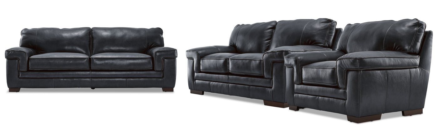 Stampede Leather Sofa, Loveseat and Chair Set - Charcoal