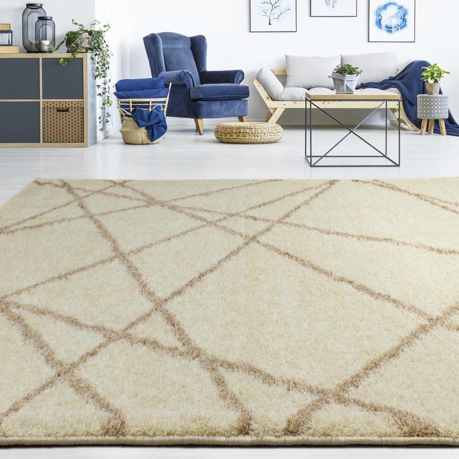 Finesse Lines Crossing Shag Area Rug - 8' X 11' - Cream/Beige