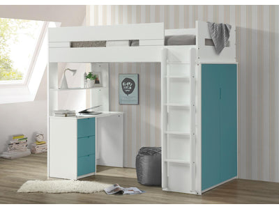 Mangana Twin Loft Bed with Bookcase - White/Teal