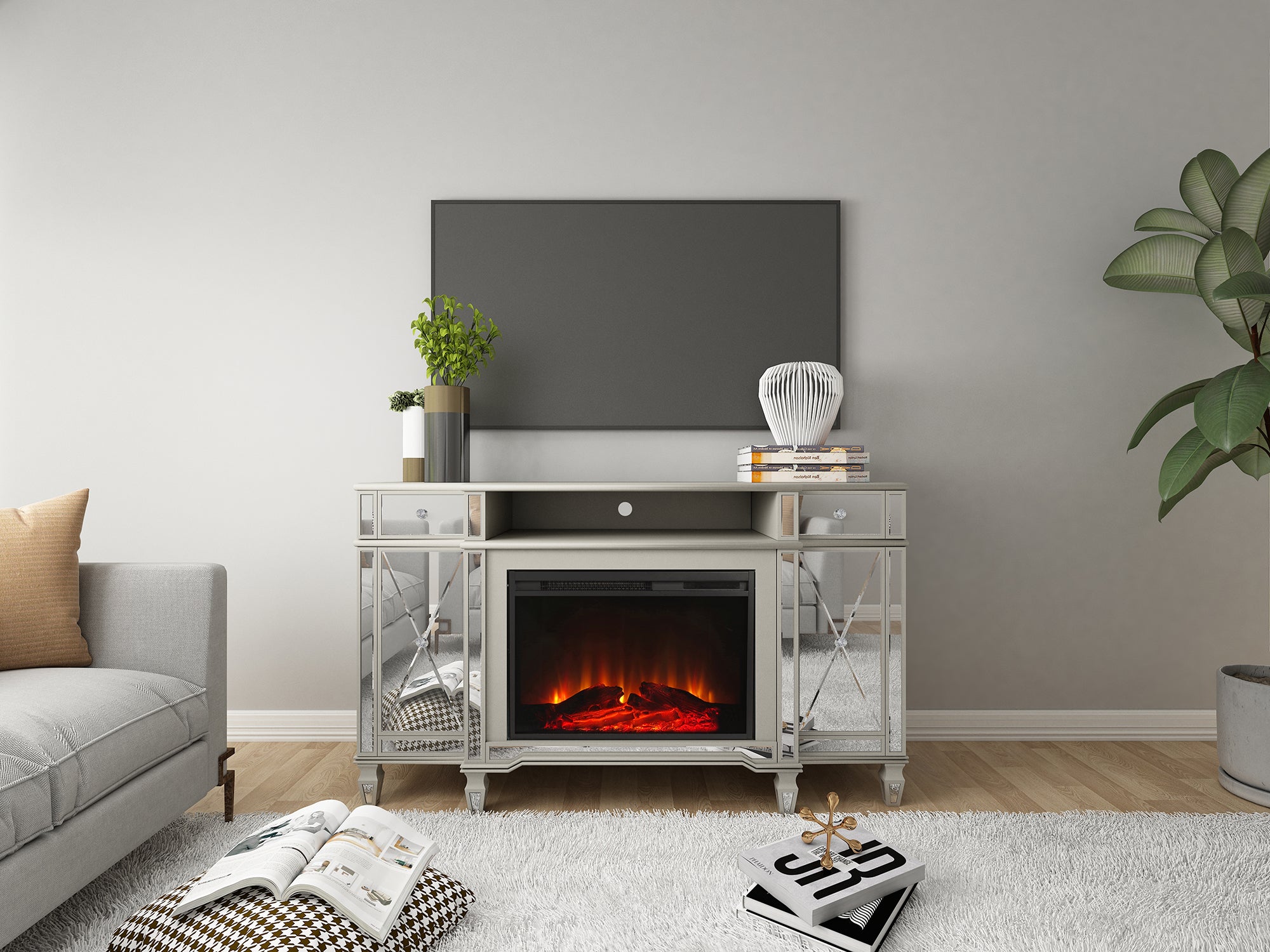 Tiffany Fireplace TV Stand - Mirrored Glass