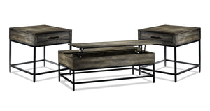 Asher Ens. Table de centre à dessus relevable et 2 tables de bout – gris