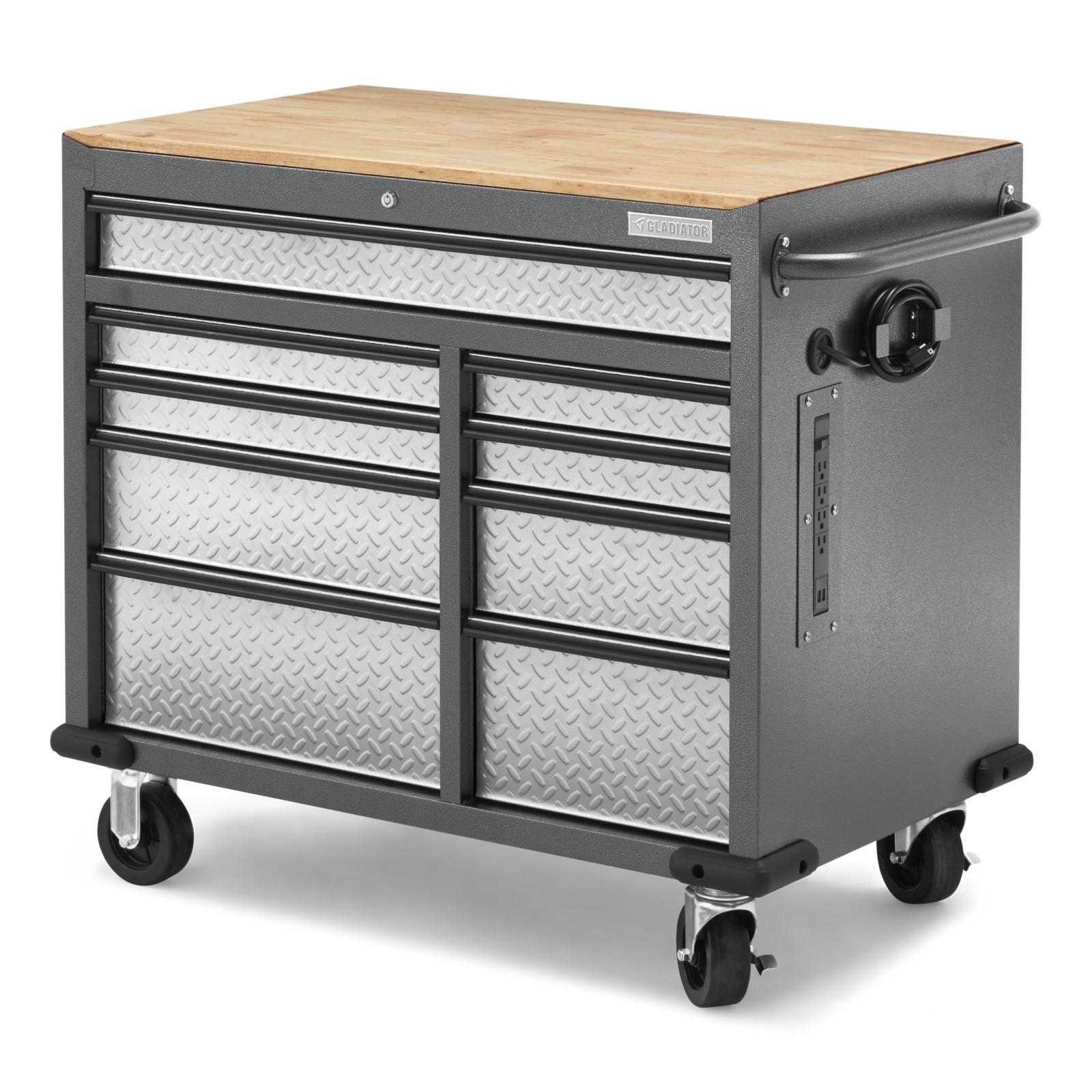 Gladiator Silver Tread Premier 41 inch 9-drawer Mobile Tool Workbench with Solid Wood Top - GAMT41HWJG