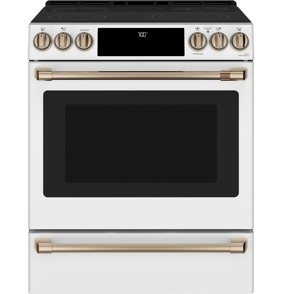 Café™ Matte White 30'' Slide-In Front Control Radiant and Convection Range with Air Fry and Warming Drawer (5.7 Cu.Ft)- CCES700P4MW2