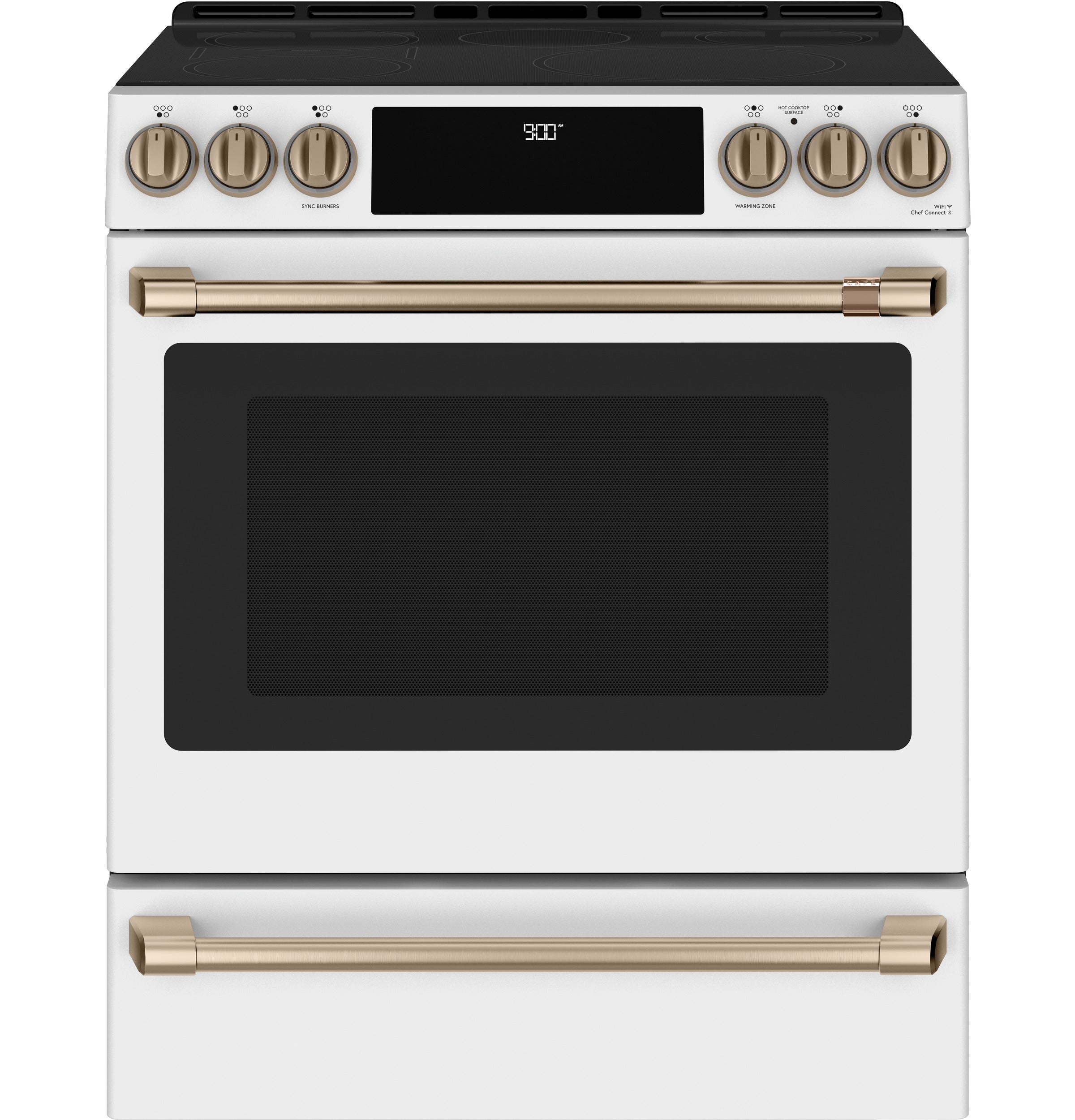 Café™ Matte White 30'' Slide-In Front Control Induction and Convection Range with Warming Drawer (5.7 Cu.Ft) - CCHS900P4MW2