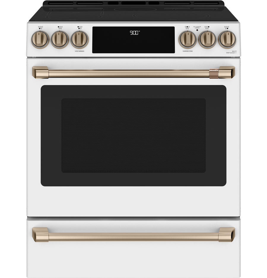 Café™ Matte White 30'' Slide-In Front Control Induction and Convection Range with Warming Drawer (5.7 Cu.Ft) - CCHS900P4MW2