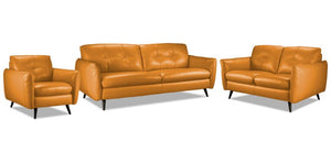 Carlino Ens. Sofa, causeuse et fauteuil en cuir – jaune-miel