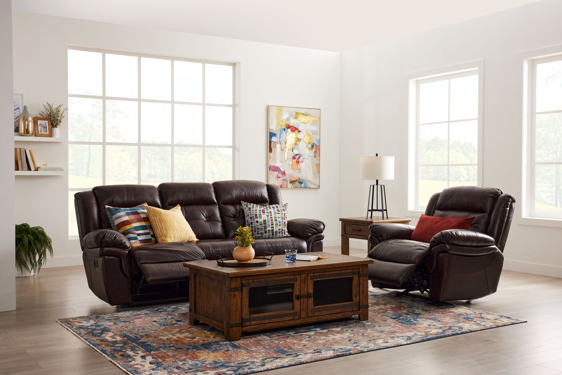 Cooper Leather Reclining Sofa, Reclining Loveseat with Console and Recliner Set - Brown