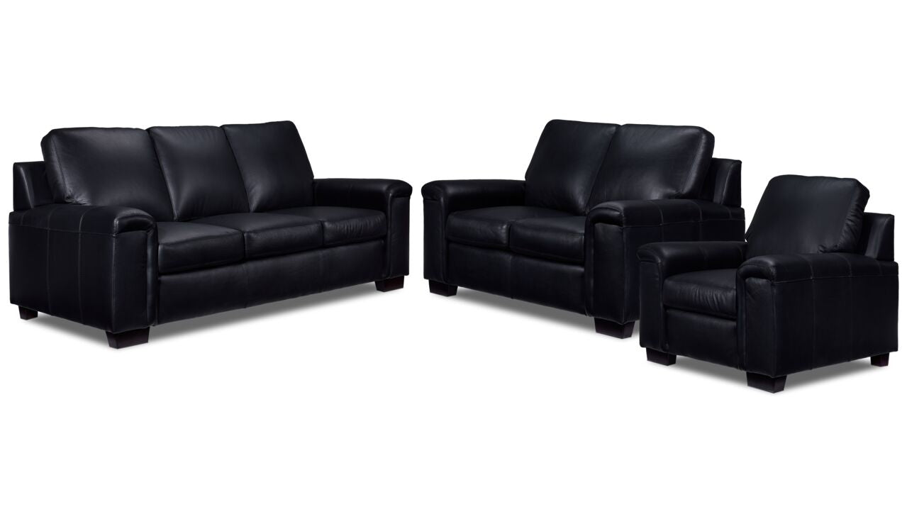 Icon Leather Sofa, Loveseat and Chair Set- Black