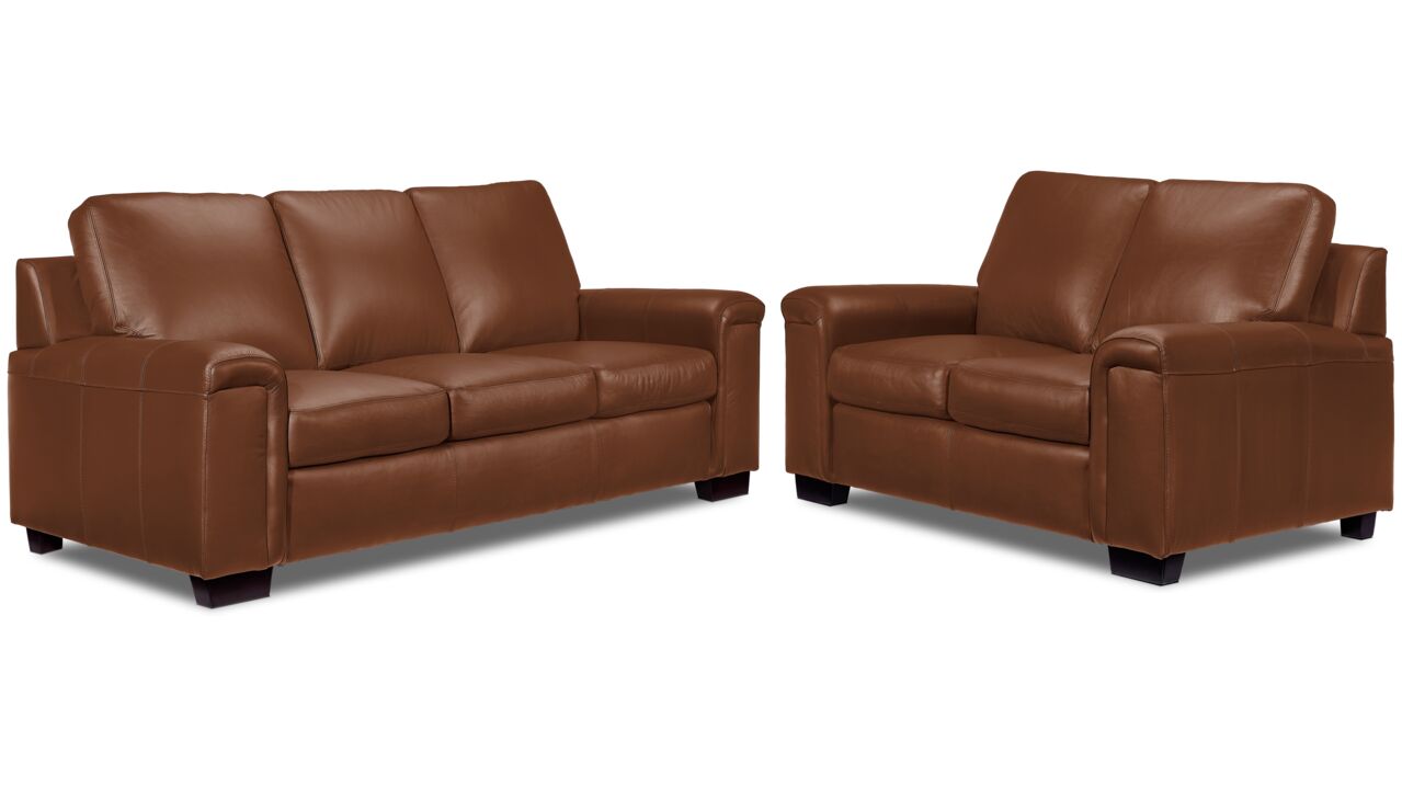 Icon Leather Sofa and Loveseat Set - Saddle