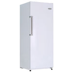 A front view of the 28" Energy Efficient Marathon Refrigerator in white with silver metal hardware.
