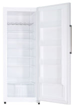 A white refrigerator with an open door displaying five door shelves, a wire wine rack, five glass shelves and two crisper drawers.