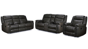 Plaza Ens. Sofa, causeuse et fauteuil berçant inclinables en cuir – gris