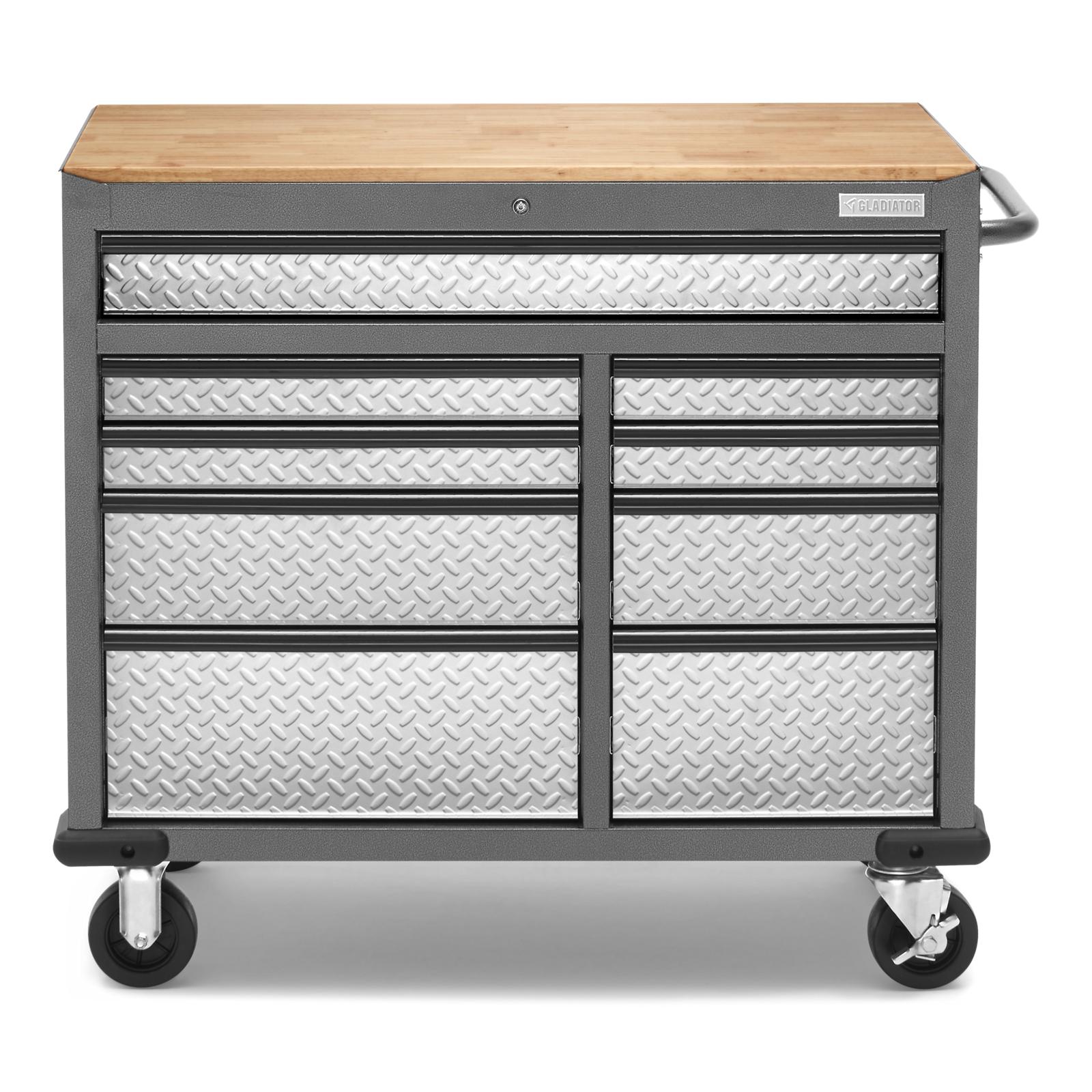 Gladiator Silver Tread Premier 41 inch 9-drawer Mobile Tool Workbench with Solid Wood Top - GAMT41HWJG